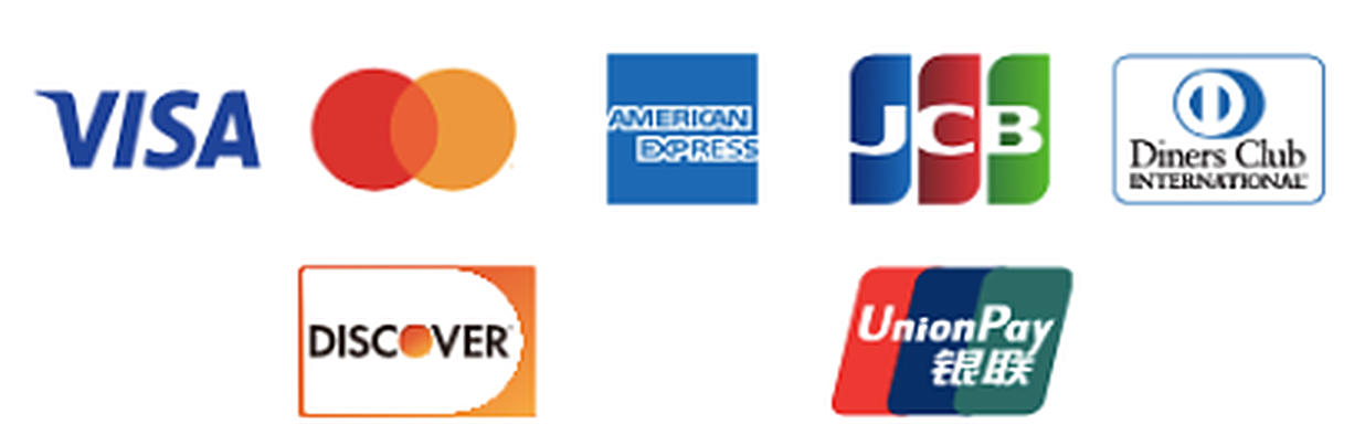 VISA、Mastercard、American Express、JCB、Diners Club、Discover、銀聯（UnionPay）