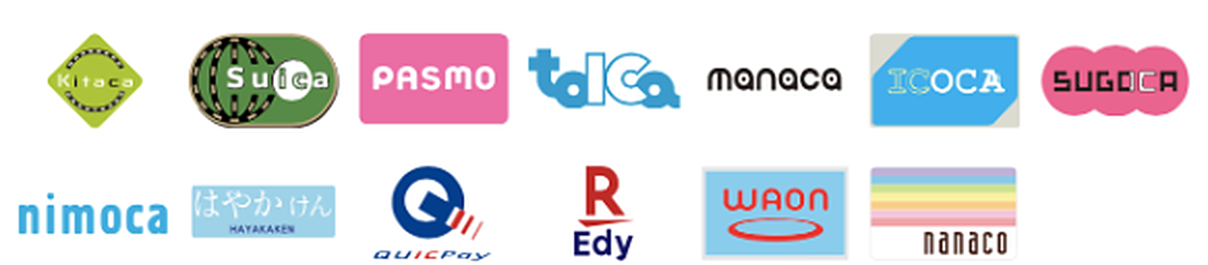 Kitaca、Suica、PASMO、TOICA、manaca、ICOCA、SUGOCA、nimoca、はやかけん、QUICPay、楽天Edy、WAON、nanaco
